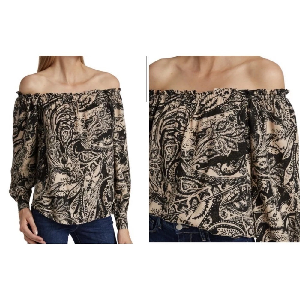 Elie Tahari Black and Cream Off-Shoulder Top